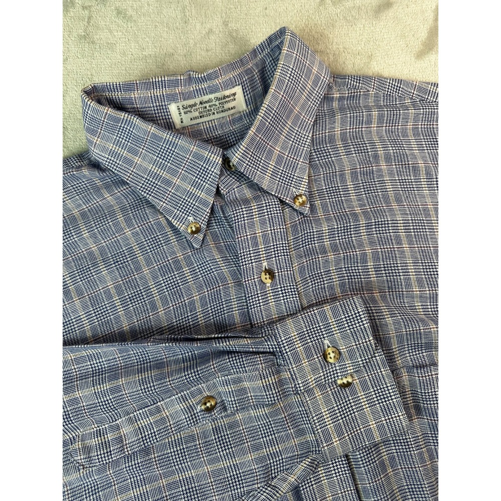 VTG Sears Roebuck Glen Plaid Oxford Shirt Mens 15.5 34/35 Blue‎ Single Needle
